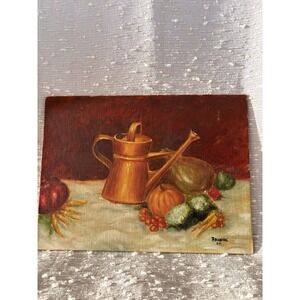 Vintage Still Life Oil Painting Featuring Fruits And A Brass Watering Can Signed